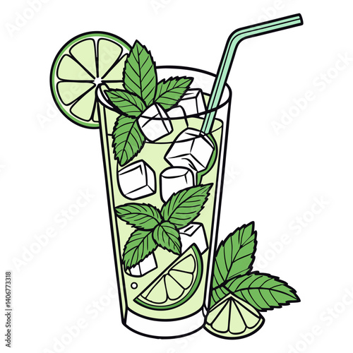 Mojito cocktail vector with mint and lime for cocktail bar or drink summer party. Gin rickey cocktail with rum, bourbon for beach bar and cafe menu.