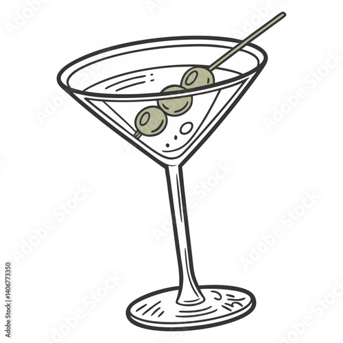 Martini cocktail for beach bar. Transparent alcohol cocktail with olive and ace for bar menu or summer party