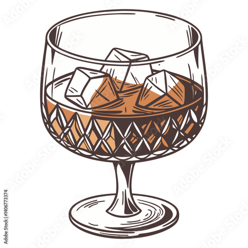 Vintage style rocks glass holding whiskey, ice cubes creating sophisticated drinking ambiance with classic graphic design for bar and beverage design
