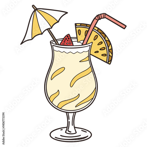 Pina Colada cocktail vector with leaves and slice of pineapple for cocktail bar or drink summer party. Pina alcohol cocktail with rum for beach bar and cafe menu.