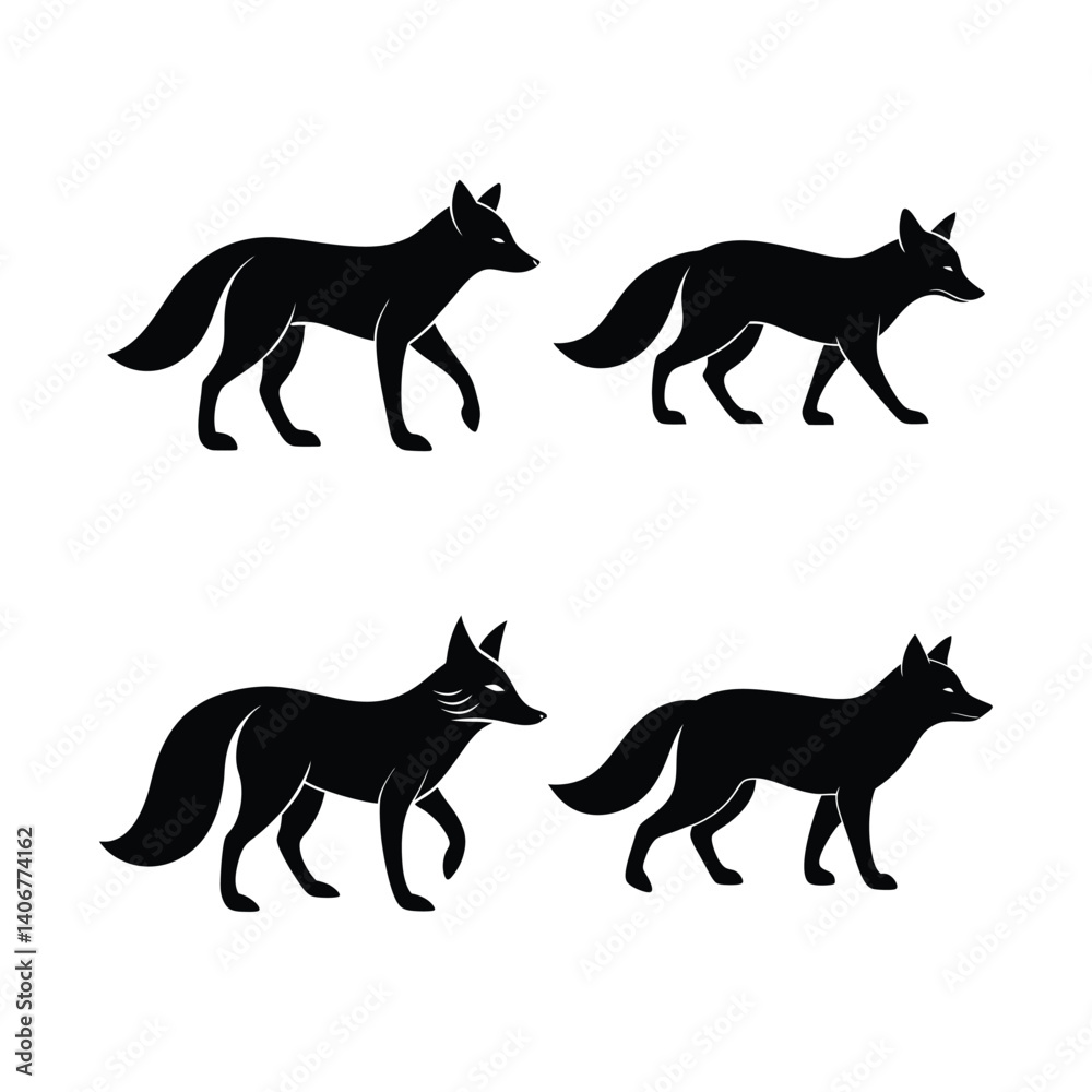 Fox walking black silhouette, black and white fox vector illustration Fox walking black silhouette, black and white fox vector illustration