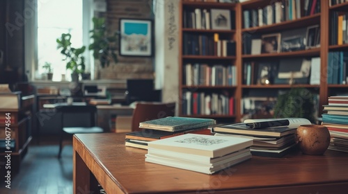 Books on wooden table in cozy home library