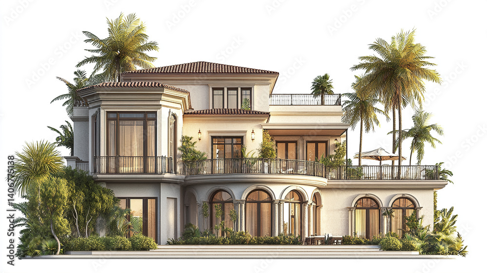 Fototapeta premium Elegant resort style American house with palm trees and large windows