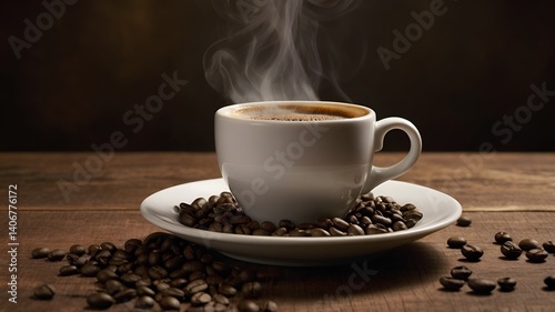 Steaming Coffee in White Cup with Coffee Beans