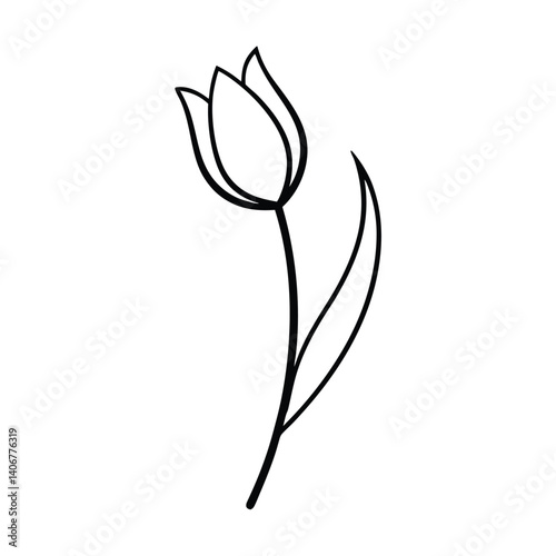 Black and white tulip vector illustration with a single bloom, showcasing beauty and simplicity in nature, with petals, stem, and floral design