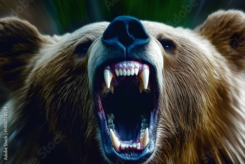 Fierce close-up of an angry grizzly bear showing teeth with mouth wide open in an aggressive pose