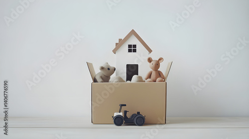 Moving Out A cardboard box filled with toys and a miniature house, symbolizing a relocation.