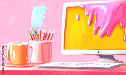 An artist's workstation; exaggerated scene