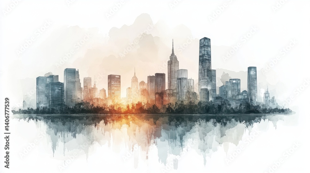 A beautiful watercolor skyline depicting tall buildings against a sunset backdrop, reflecting on water, creating a serene cityscape atmosphere. A beautiful watercolor skyline depicting tall buildings against a sunset backdrop, reflecting on water, creating a serene cityscape atmosphere.