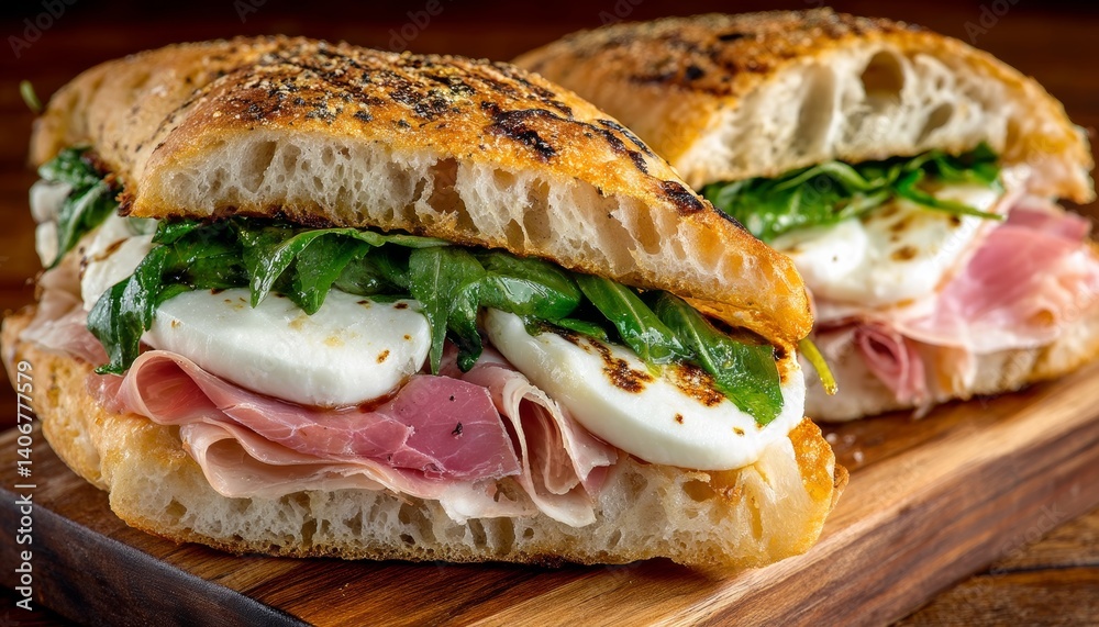 Two Freshly Made Italian Focaccia Sandwiches with Prosciutto, Mozzarella, and Arugula