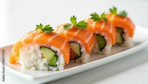 Fresh sushi platter, minimalist white backdrop, raw fish, plate, photography