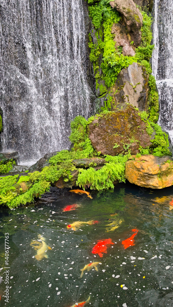 Koi carps swimming under a waterfall