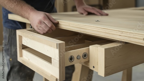 Carpenter assembling a wooden desk. Featuring desk assembly