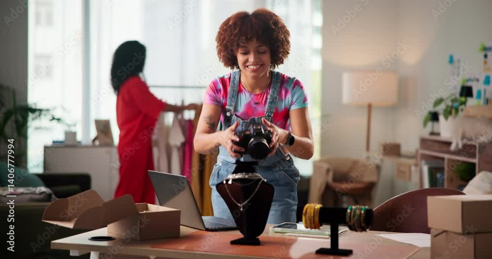 Creative, photography and jewelry with woman and product for small business, designer or ugc marketing. Ecommerce, online boutique and post with person in office for entrepreneur and startup