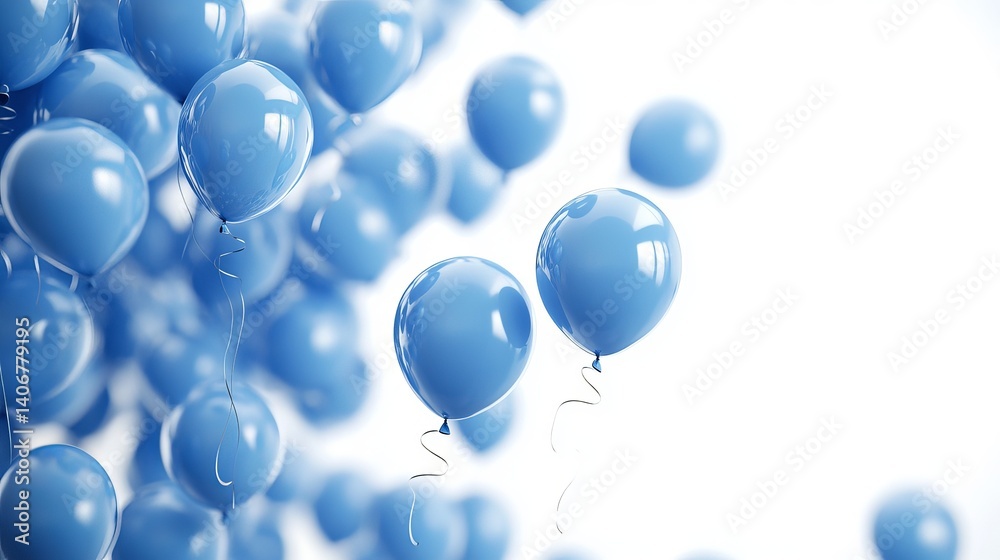 A cluster of light blue balloons floating against a bright white background in a soft focus style A cluster of light blue balloons floating against a bright white background in a soft focus style
