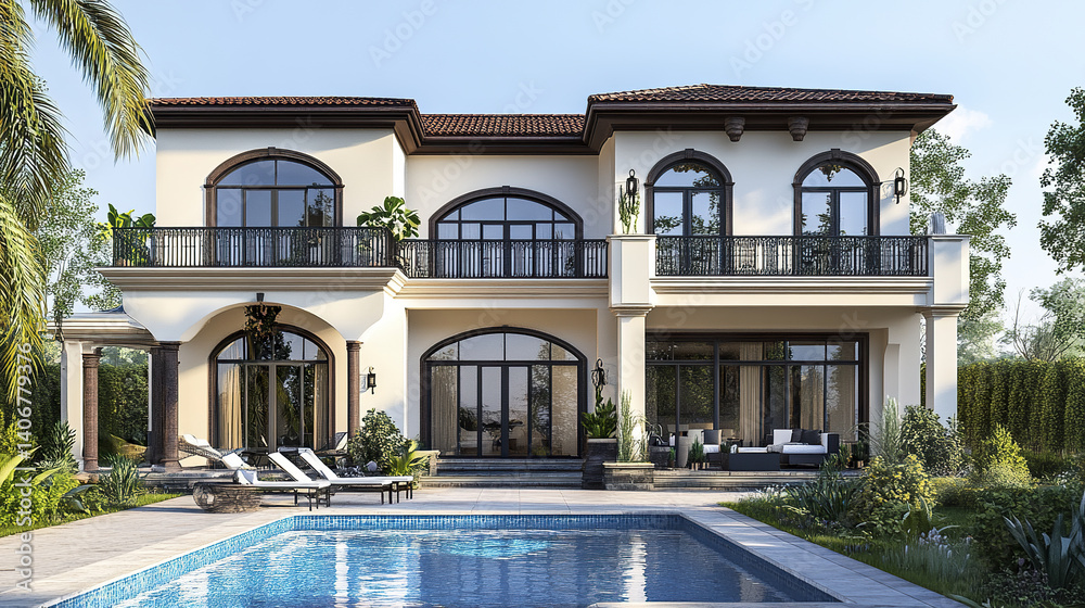 Fototapeta premium Elegant two story house with pool and lush garden setting