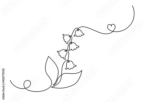 Flower Lily of the Valley in One Continuous Line Drawing. Minimalist Linear Beautiful Spring May bells. Vector Illustration For wedding design, invitations. Line Art Monoline. Editable stroke