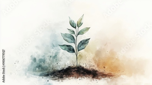 A small green plant emerges from dark soil, surrounded by an abstract splash of colors, symbolizing growth and renewal.