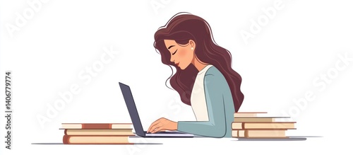 Woman typing laptop, books nearby, white background, study