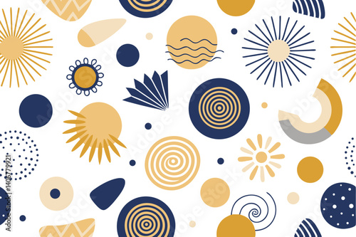 Abstract Shapes Pattern on White, Round Geometric Elements, Sun Rays, Circle, Line
