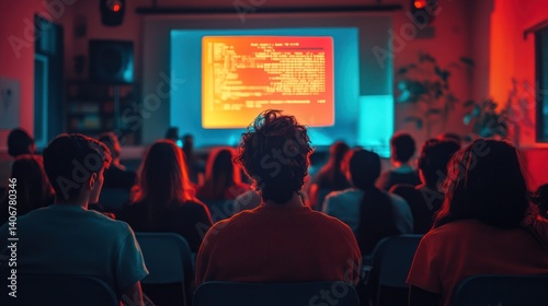 Students coding lecture, projector, night