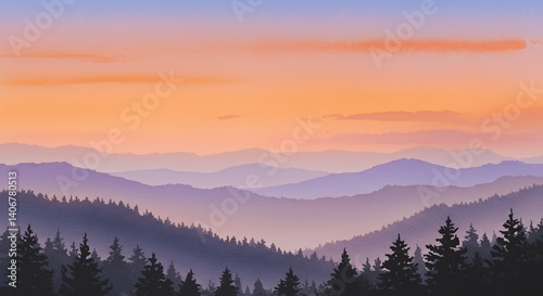 Mountain Range Landscape at Sunset with Colorful Sky