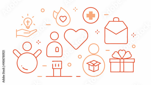 Minimalist outline icon set highlighting charitable acts and donation themes in a clean linear style great for NGOs charity events and community giving campaigns