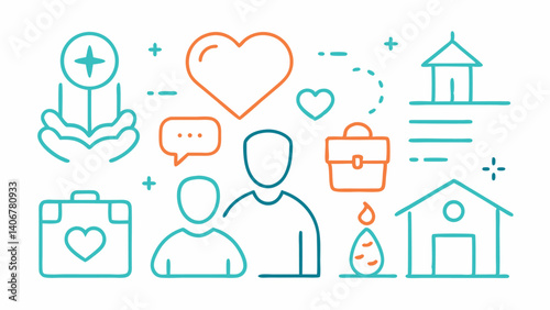 Elegant and clean outline icons representing charity and volunteering activities ideal for fundraising organizations donation platforms and social impact projects