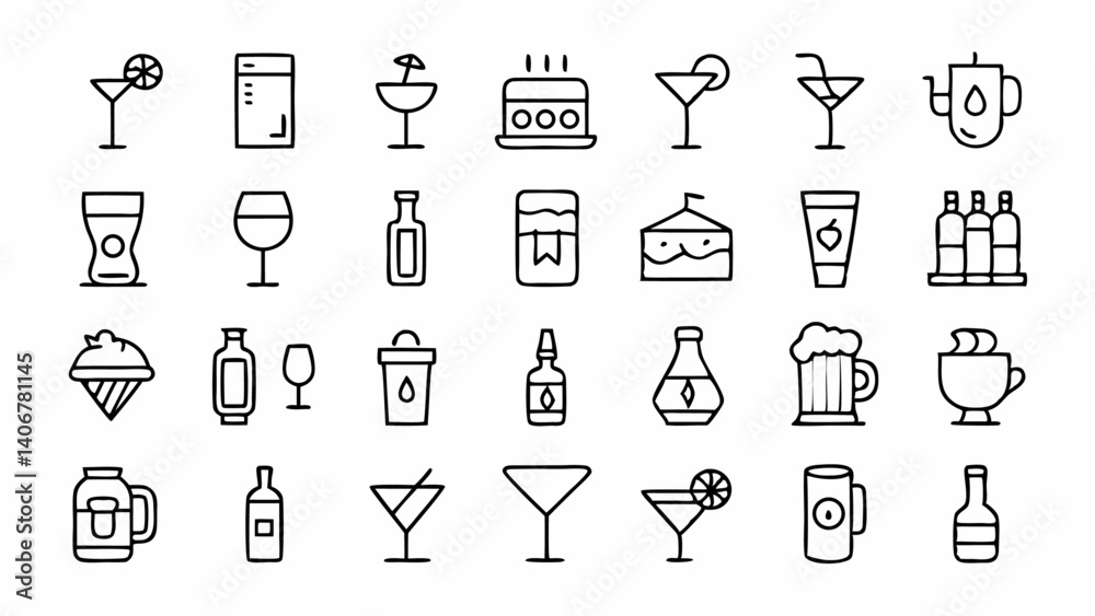 Fototapeta premium Outline icons representing alcoholic beverages designed in a modern linear style perfect for bars breweries party planning platforms and drink related businesses