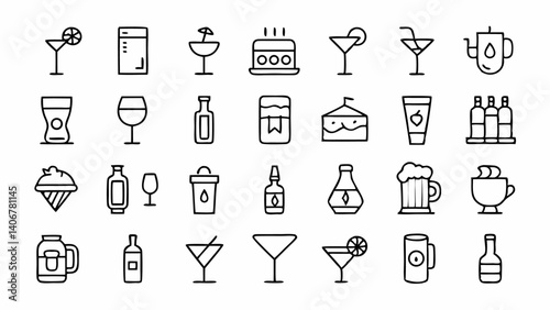 Outline icons representing alcoholic beverages designed in a modern linear style perfect for bars breweries party planning platforms and drink related businesses