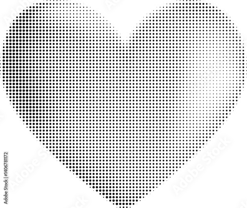 Artistic decorative heart created from black halftone dots. Ideal for creative projects, heart shape made of circular halftone dot pattern. Minimalistic element for design prints illustration.