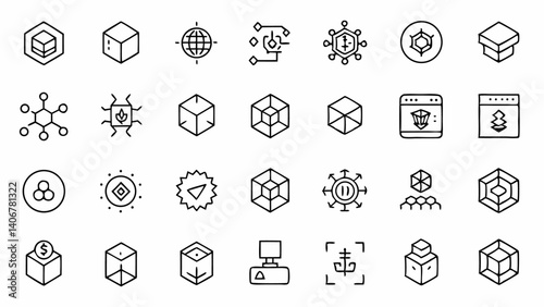 Minimalist outline icon collection focused on blockchain applications designed with a clean linear aesthetic ideal for crypto UI design and fintech graphics