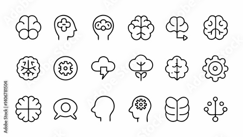 Stylish and clean outline icons centered on brain related concepts in a modern linear style ideal for neuroscience apps psychology platforms and medical branding
