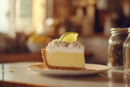 Lemon meringue pie slice on a plate.