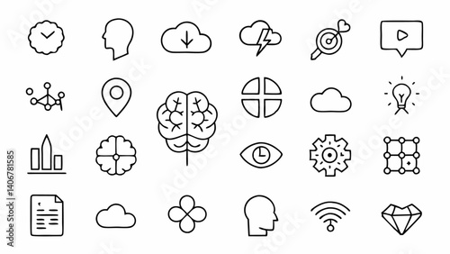 Brain themed outline icons created in a minimal linear format great for neuroscience branding psychology websites and mental wellness digital designs