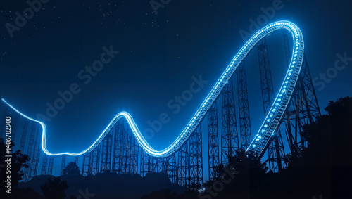 A glowing roller coaster track in a night sky
