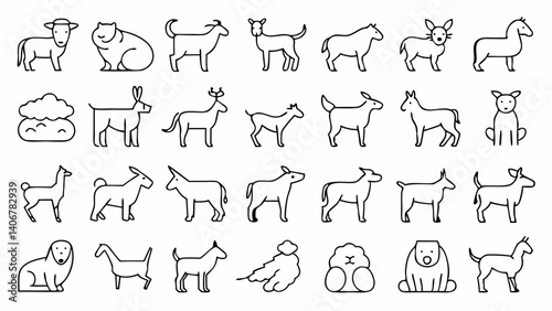 A charming collection of pet and domesticated animal themed icons in clean line style ideal for vet apps, pet grooming businesses, and animal shelters