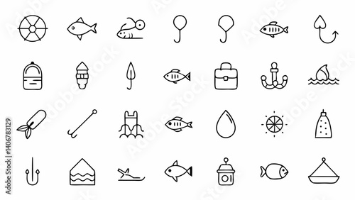 Fishing and angling themed icon set in a neat outline style, great for fishing supply stores, recreational activity apps, and hobbyist blogs or gear shops