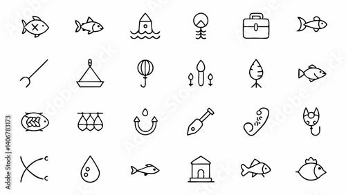 A clean and stylish fishing icon collection in outline design ideal for apps related to outdoor sports, fishing tutorials, and aquatic activity content