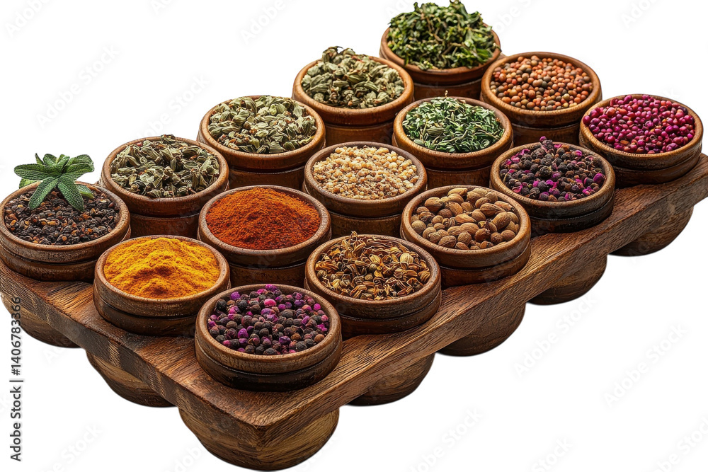 Fototapeta premium Colorful assortment of spices on a wooden tray showcasing diverse culinary flavors