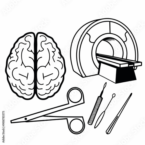Brain Anatomy Illustration with Surgical Instruments and Magnifying Glass for Neurology Study, Kids Coloring Book Style