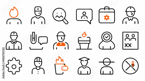 A detailed icon set representing themes of job loss and employee firing in a clean outline style, ideal for HR, news, career blogs, and professional communication design.
