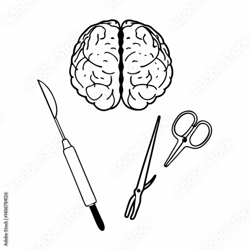 Brain surgery tools isolated on white background a topdown view of a brain with a scalpel, forceps, and scissors, depicting neurosurgery, medical procedures, and healthcare interventions
