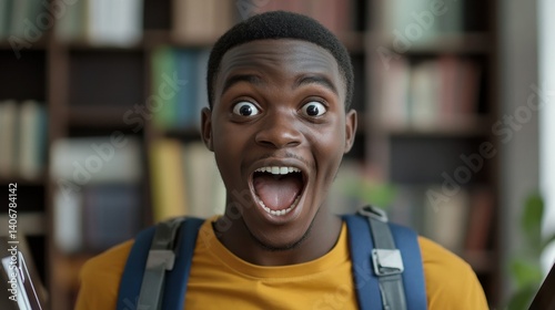Beautiful stylish young African male student having surprised expression after recieving message looking with big opened eyes and mouth in camera being happy to pass exam. Suddenness concept