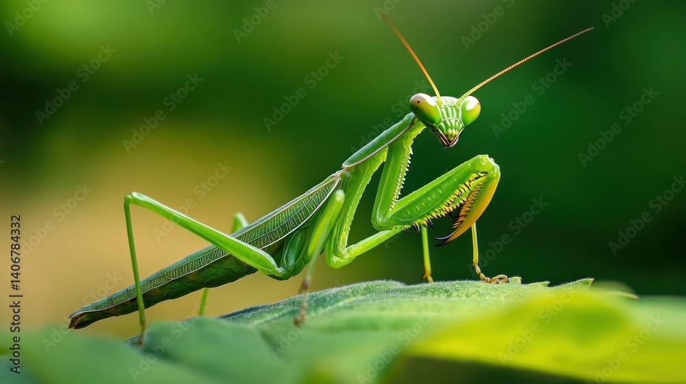 graceful green mantis posing on a leaf illuminated by soft light capturing its intricate details against a vibrant natural backdrop graceful green mantis posing on a leaf illuminated by soft light capturing its intricate details against a vibrant natural backdrop