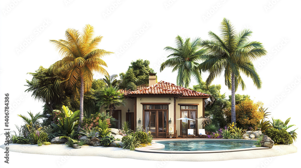 Fototapeta premium Tropical resort style house with pool and palm trees on white background