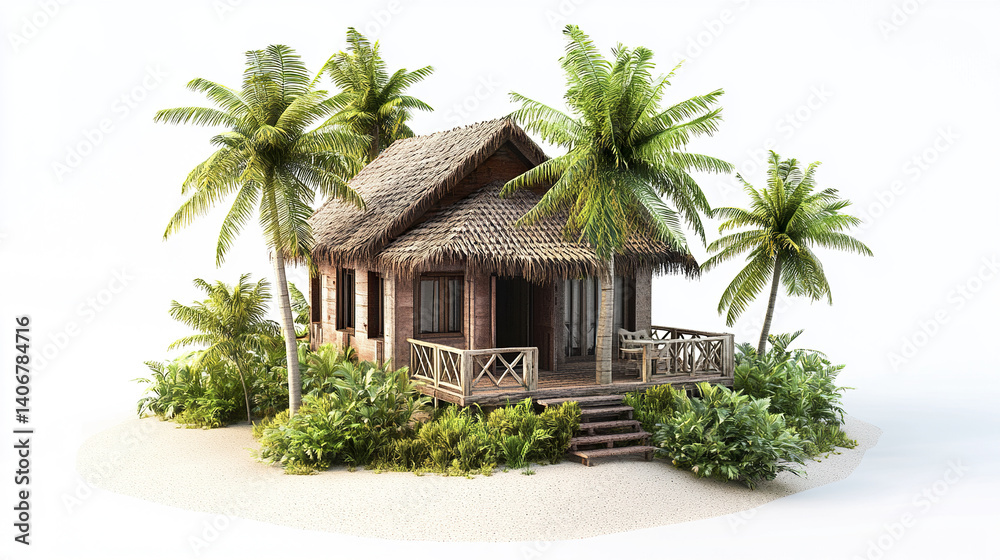 Tropical hut surrounded by lush palm trees and greenery Tropical hut surrounded by lush palm trees and greenery
