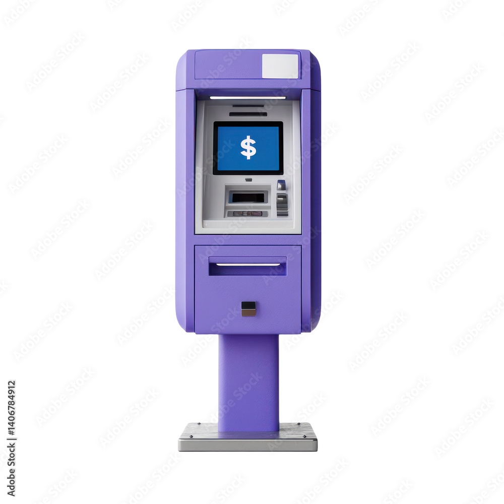 Isolated purple atm machine with dollar sign display on white background Isolated purple atm machine with dollar sign display on white background