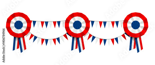 bannière web, banderole avec frise, cocardes et fanions tricolores pour le 14 juillet, fête nationale de la France