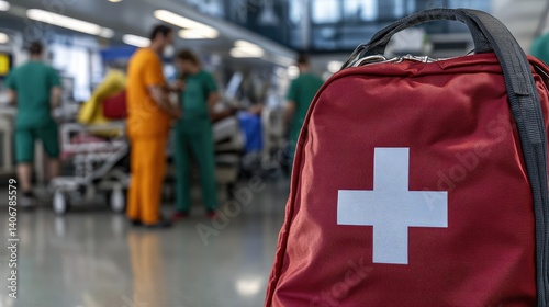 First aid kit in a busy hospital emergency room with medical staff working